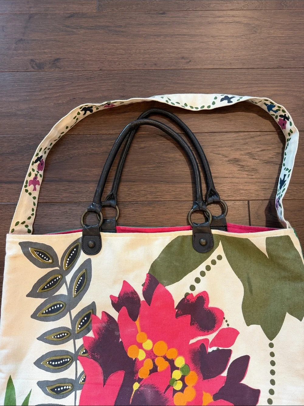 Neat Canvas Floral Tote Bag with Pink & Green Print With Leather Straps